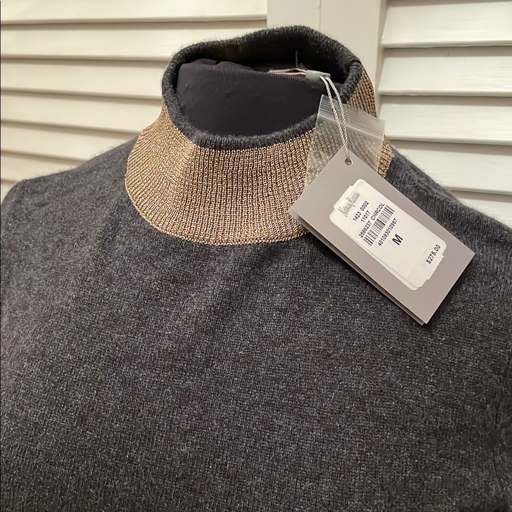 NWT Neiman Marcus 100% cashmere Chic dark Grey Sweater with Gold Accents